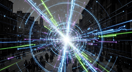 Digital data flow over people silhouettes in the city 3D renderingの素材