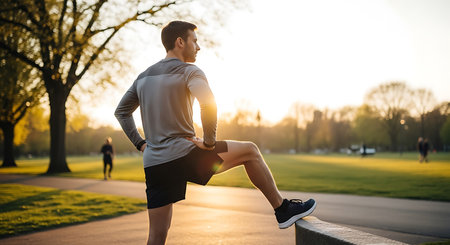 Young man doing stretching exercises in the park at sunset. Sport conceptの素材