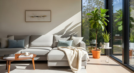 Interior of modern living room with a sofa, coffee table and plantsの素材