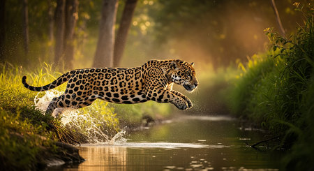 Jaguar (Panthera onca) running in water, Pantanal, Brazilの素材