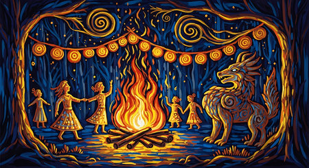 Nativity scene in the night. Nativity scene with man and woman. Vector illustration.の素材