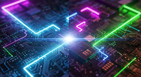 3d render of circuit board with glowing neon lines. Technology conceptの素材
