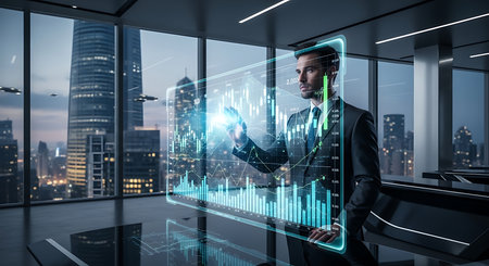 Businessman in modern office using hologram screen. 3D renderingの素材