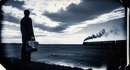 View from the window of a man with a briefcase looking at a nuclear power plantの素材