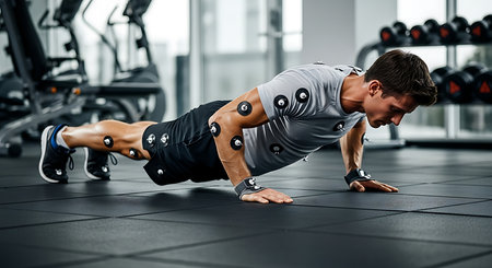 Muscular man doing push-ups on the floor in the gymの素材