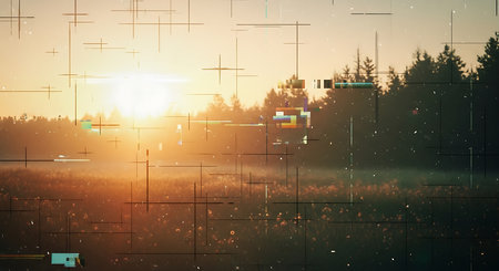 Foggy sunrise over the field. 3d rendering double exposureの素材