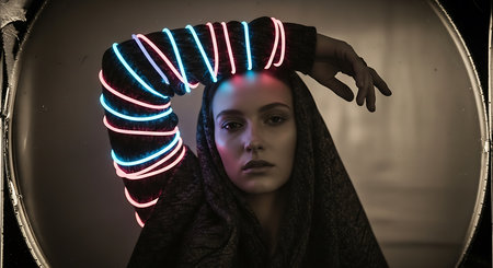 Portrait of a girl in a black coat with neon lights.の素材