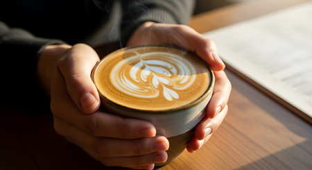 Female hands holding cup of coffee with latte art on wooden tableの素材