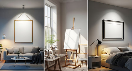 3D Illustration of a modern living room interior with a poster frameの素材