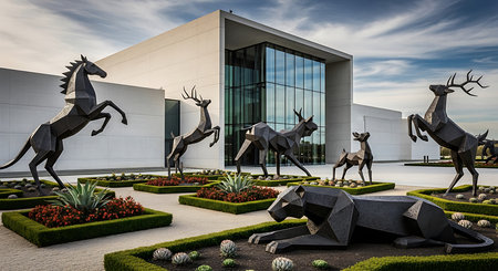 Sculpture of deer in front of modern office building.の素材