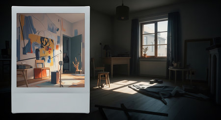3D rendering of an empty room with a painting on the wallの素材