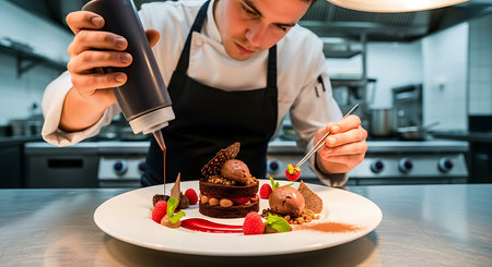 professional chef decorating chocolate cake with strawberry and ice cream in cafeの素材