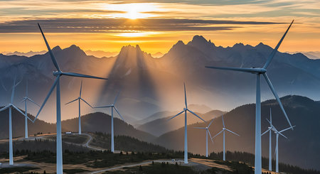 Wind turbines generating electricity in the mountains at sunset. 3d renderingの素材