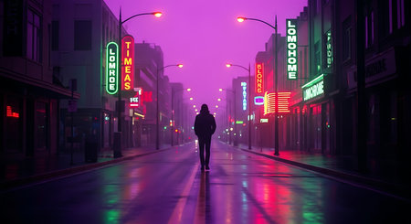 Silhouette of a woman walking along a city street with neon signsの素材