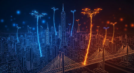Drone flying over the city. Futuristic technology concept. Vector illustrationの素材