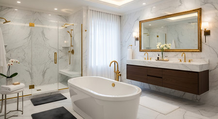 3D rendering of a modern bathroom with marble walls and a bathtubの素材