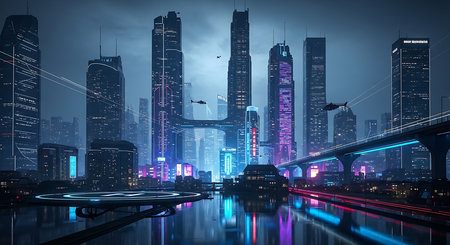 Night cityscape with skyscrapers and bridge. 3d renderingの素材