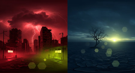 Concept or conceptual 3D illustration of urban landscape with storm, lightning and cityscapeの素材