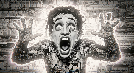 Digital composite of Surprised robot in front of a digital cityの素材