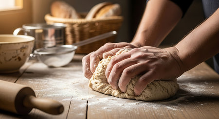 Female hands kneading dough on wooden table in kitchen, closeupの素材