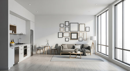 Interior of modern kitchen with white walls, wooden floor, white cupboards and gray sofa standing on it. 3d renderingの素材