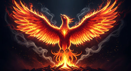 Eagle in fire with smoke on dark background. 3d renderingの素材
