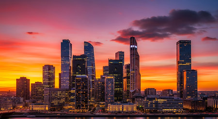 Skyline of the financial district of Frankfurt, Germany at sunset.の素材