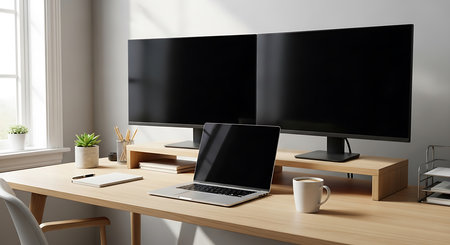 Workplace with blank screen computer on wooden table in modern office 3D renderingの素材