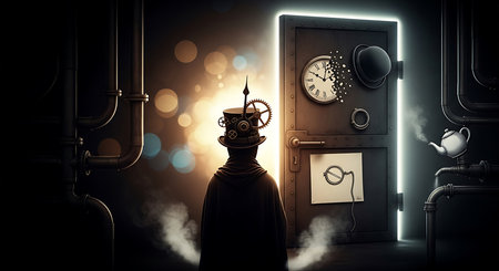 Mysterious man in gas mask and steam coming out of boilerの素材