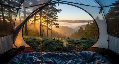 Camping tent in the forest at sunrise. Camping in the morning.の素材