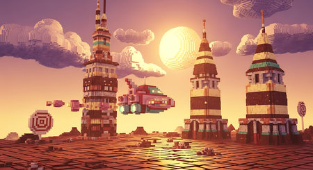 Futuristic city landscape with buildings and skyscrapers at sunsetの素材