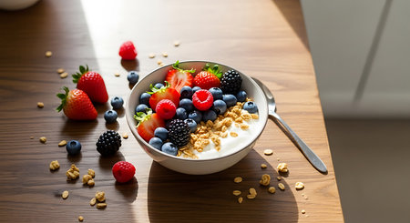 Healthy breakfast with muesli and fresh berries on wooden tableの素材
