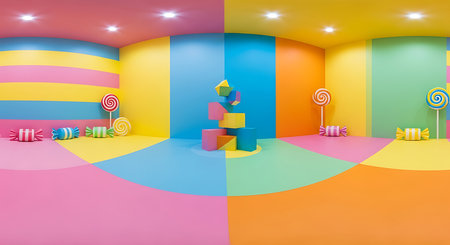 3d render of a children's room with a rainbow colored walls and a colorful wallの素材