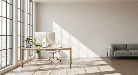 Interior of modern bright office with white walls, wooden floor, comfortable white sofa and computer on table. 3d renderingの素材