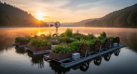 Beautiful landscape with a wooden pier on the lake at sunrise.の素材