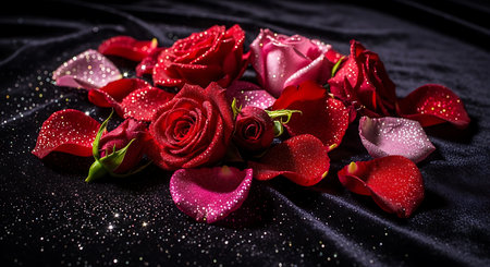 Red roses and petals on black fabric background with water drops.の素材