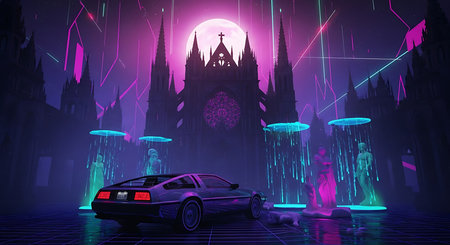 Fantasy landscape with castle and car. 3d rendering. Neon lightsの素材