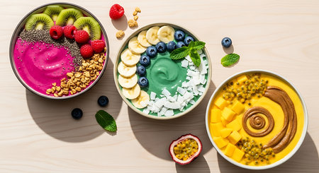 Granola bowls with fruits and berries on wooden table, top viewの素材