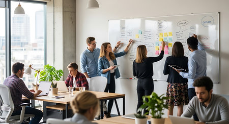 Group of business people working together in creative office, brainstorming conceptの素材