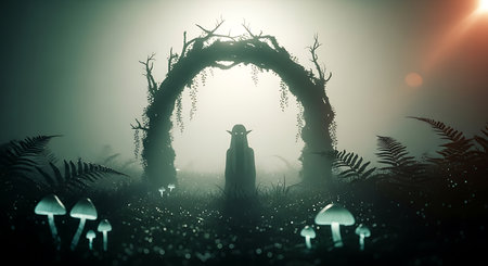 Mystical landscape with magical forest in fog. 3d renderingの素材