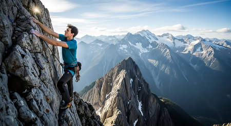 Man climber climbing a steep wall on a sunny day with snow capped mountains in the backgroundの素材