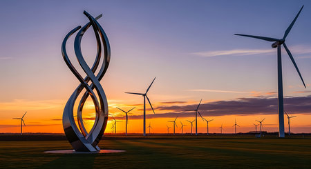 Wind turbines at sunset. Alternative energy source. 3D rendering.の素材