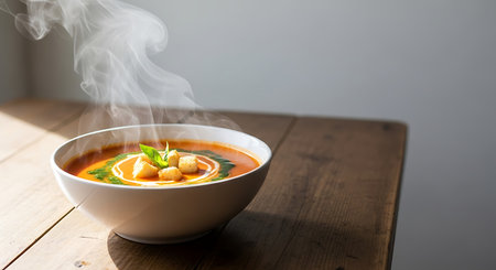 Tomato soup with croutons in white bowl on wooden tableの素材