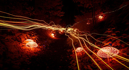 Colorful light trails in the forest at night. Abstract background.の素材