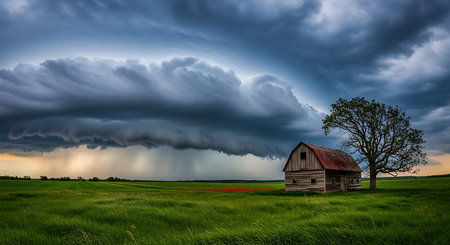 Storm clouds over a barn in a meadow with a red carpetの素材