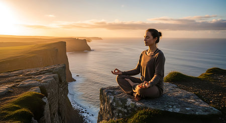Young woman practicing yoga on the cliffs at sunset, Ardha Padmasanaの素材