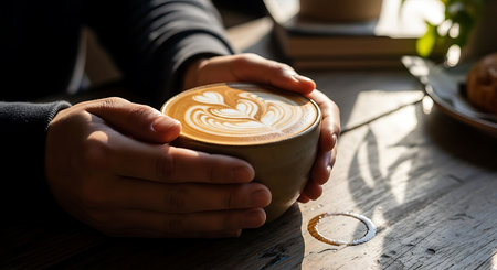 Hands of a young woman holding a cup of latte art coffeeの素材