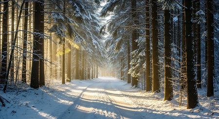 Snowy winter road in the forest. Sun rays through the trees.の素材
