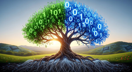 Digital tree with binary code against green field under blue sky with cloudsの素材