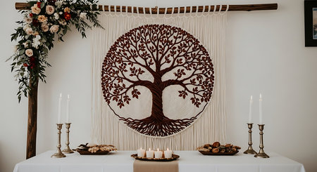 Wedding table decoration with a tree in the style of bohoの素材